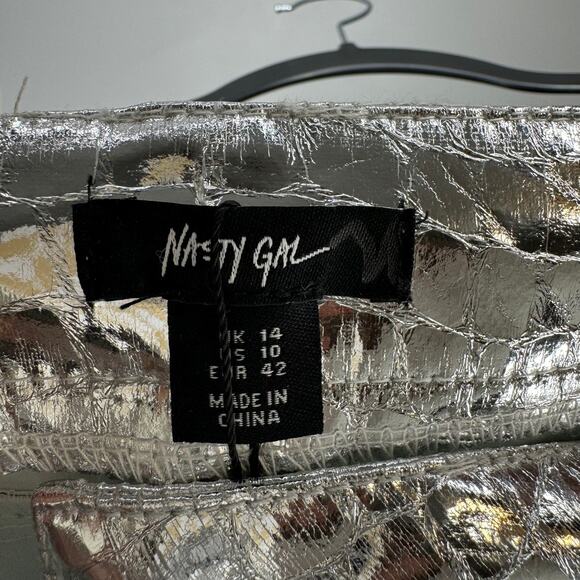 NWT NASTY GAL Premium Metallic Silver Croc Straight Leg Trousers 10 - Picture 4 of 5